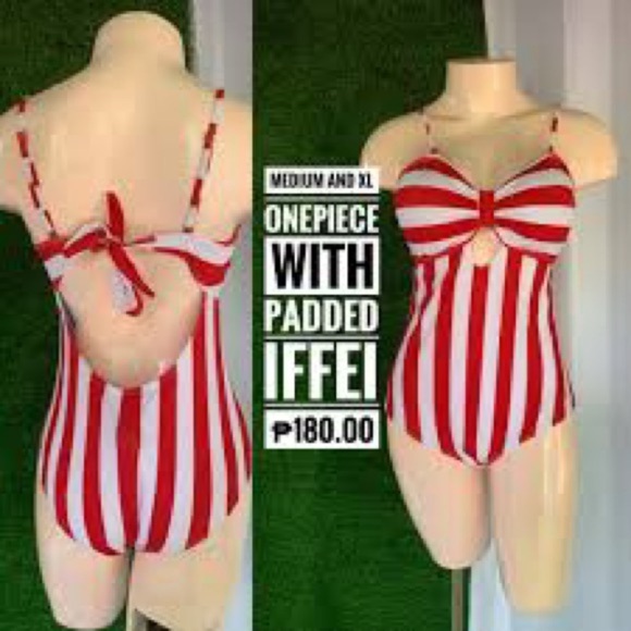 Red Stripe Print Halter Tummy‎ Control Lace up One Piece Swimsuit NWT Size M - Picture 2 of 2